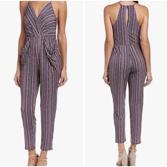 BCBGeneration Jumpsuit Women M Crossover V-neck Draped Pocket Striped Boho Beach - Picture 2 of 16